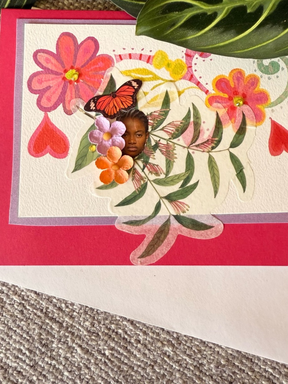 Handmade, one of a kind, -Floral Greeting Card - Pink Red Botanical Design. - Picture 5 of 6